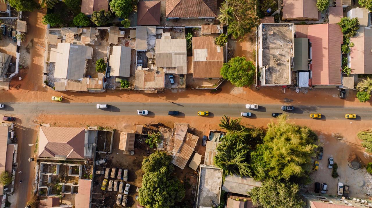 Aerial view of local roads and neighbourhood access in The Gambia